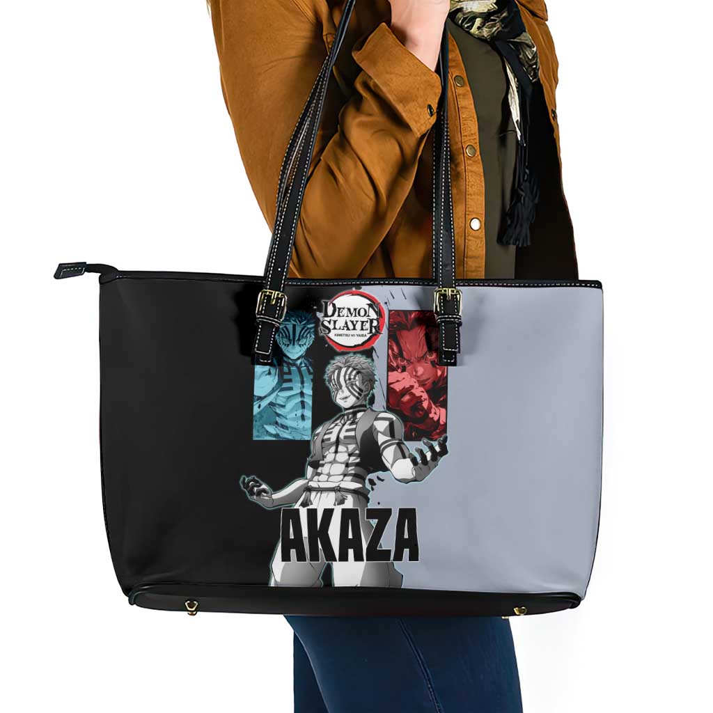 Akaza from Demon Slayer Leather Tote Bag with Split Color Background and Martial Arts Pose Manga Style Design - The Mazicc
