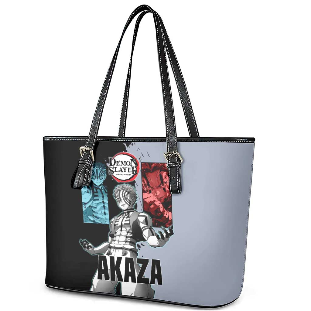 Akaza from Demon Slayer Leather Tote Bag with Split Color Background and Martial Arts Pose Manga Style Design - The Mazicc