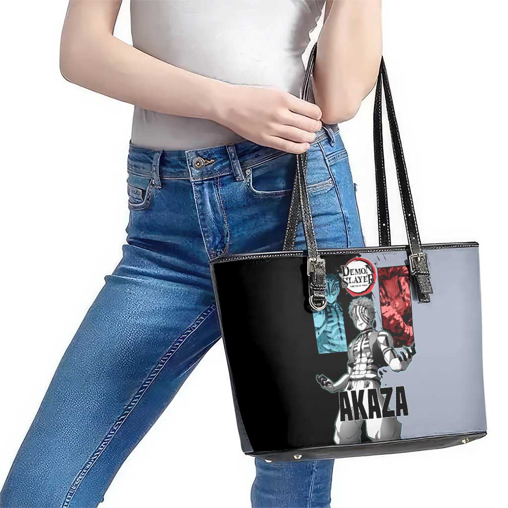 Akaza from Demon Slayer Leather Tote Bag with Split Color Background and Martial Arts Pose Manga Style Design - The Mazicc