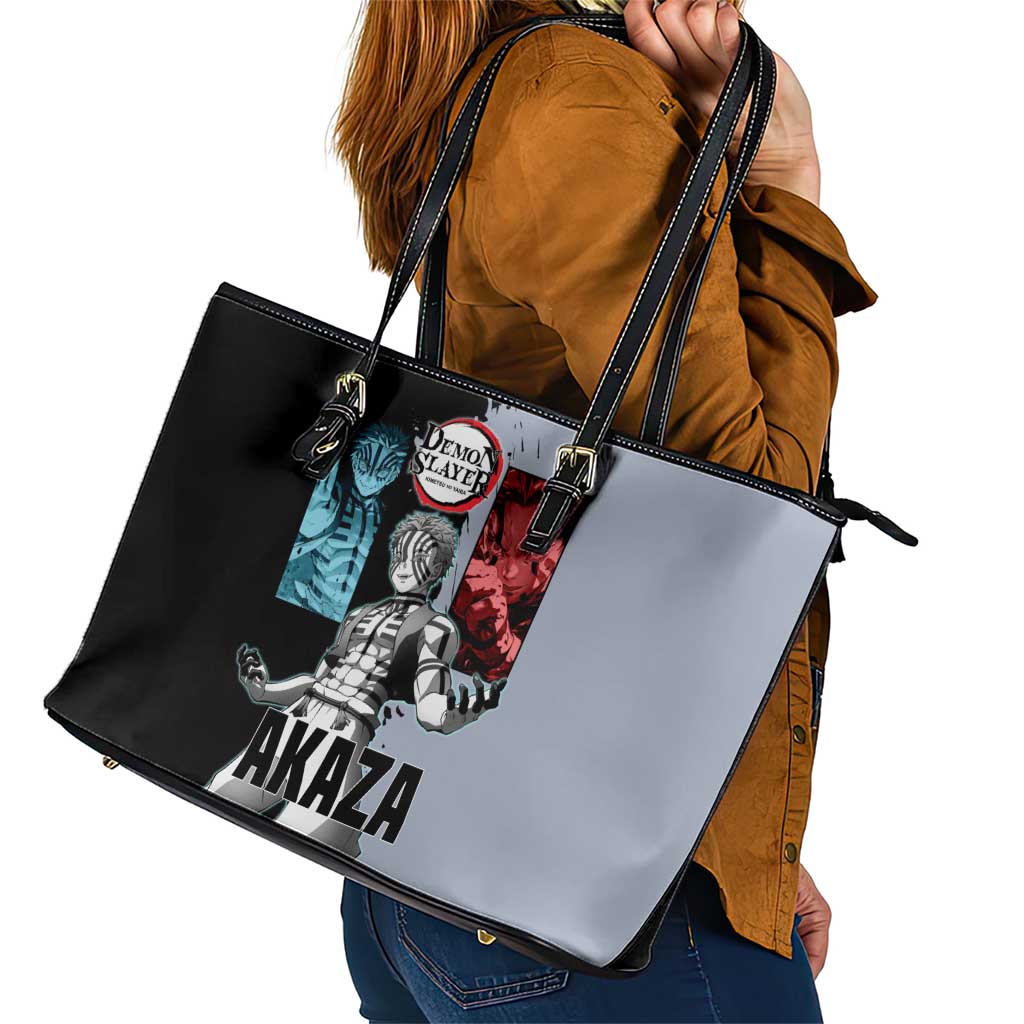 Akaza from Demon Slayer Leather Tote Bag with Split Color Background and Martial Arts Pose Manga Style Design - The Mazicc