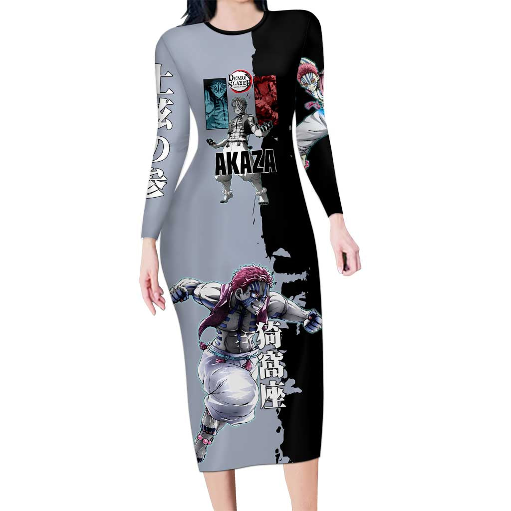 Akaza from Demon Slayer Long Sleeve Bodycon Dress with Split Color Background and Martial Arts Pose Manga Style Design - The Mazicc