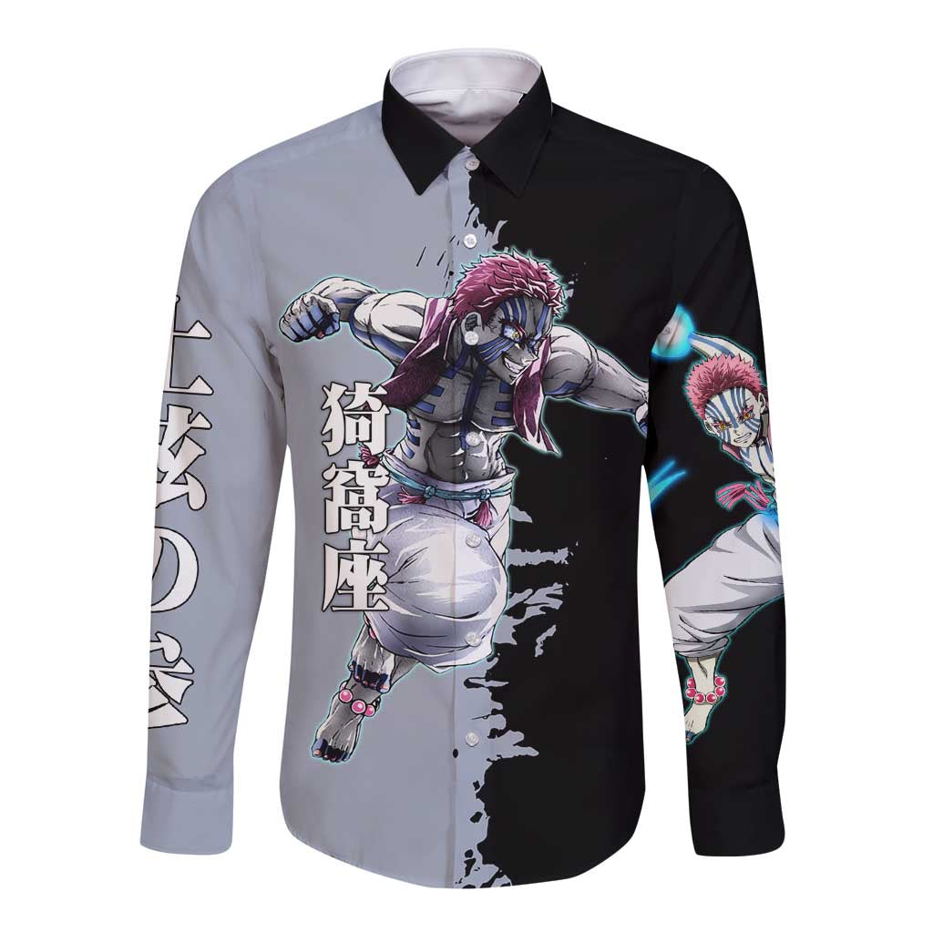 Akaza from Demon Slayer Long Sleeve Button Shirt with Split Color Background and Martial Arts Pose Manga Style Design - The Mazicc