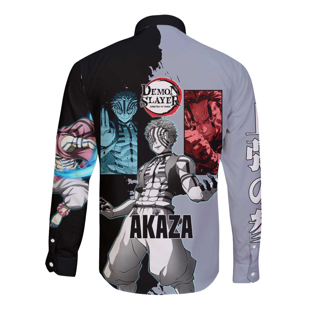 Akaza from Demon Slayer Long Sleeve Button Shirt with Split Color Background and Martial Arts Pose Manga Style Design - The Mazicc