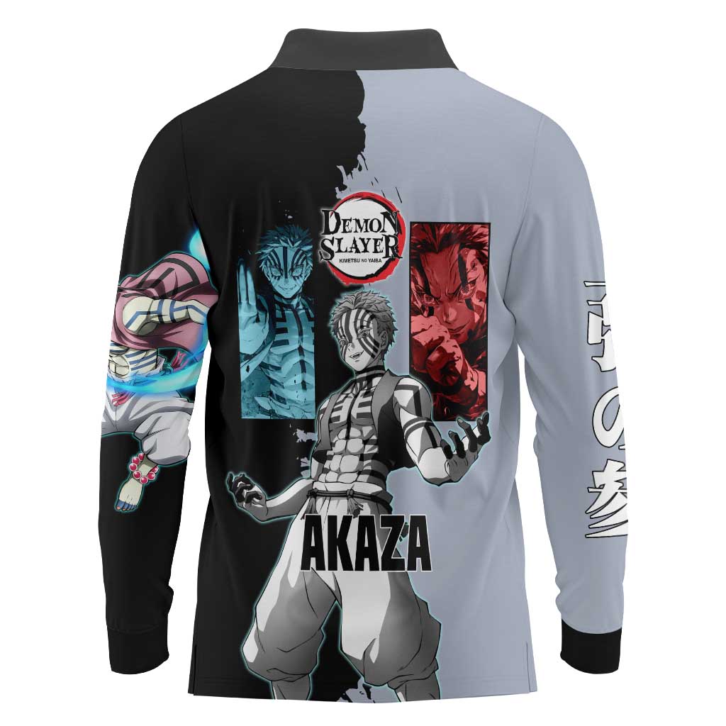 Akaza from Demon Slayer Long Sleeve Polo Shirt with Split Color Background and Martial Arts Pose Manga Style Design - The Mazicc