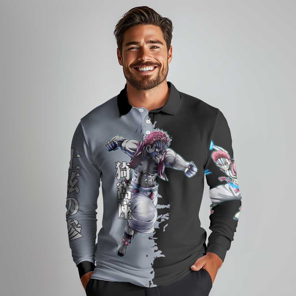 Akaza from Demon Slayer Long Sleeve Polo Shirt with Split Color Background and Martial Arts Pose Manga Style Design - The Mazicc