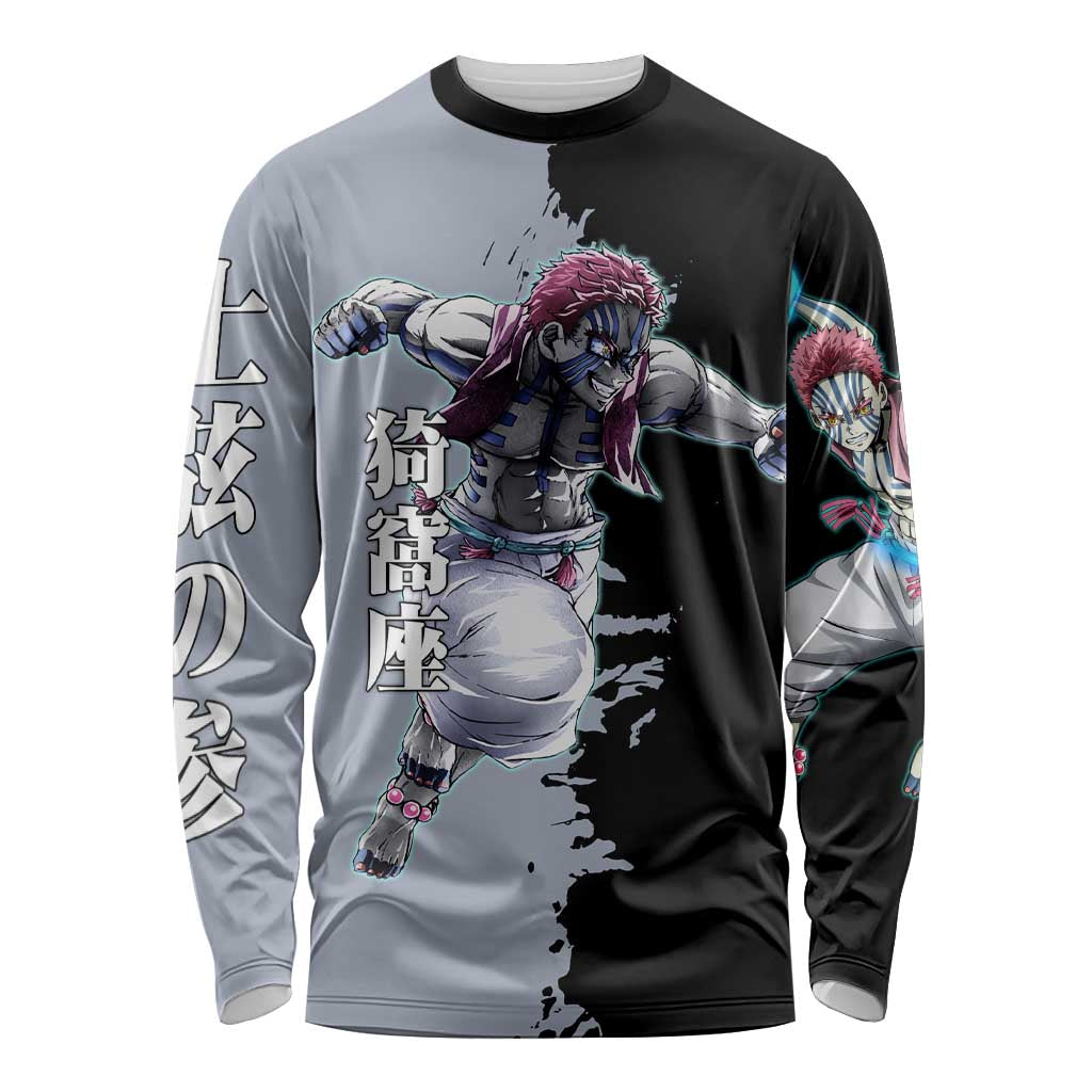 Akaza from Demon Slayer Long Sleeve Shirt with Split Color Background and Martial Arts Pose Manga Style Design - The Mazicc