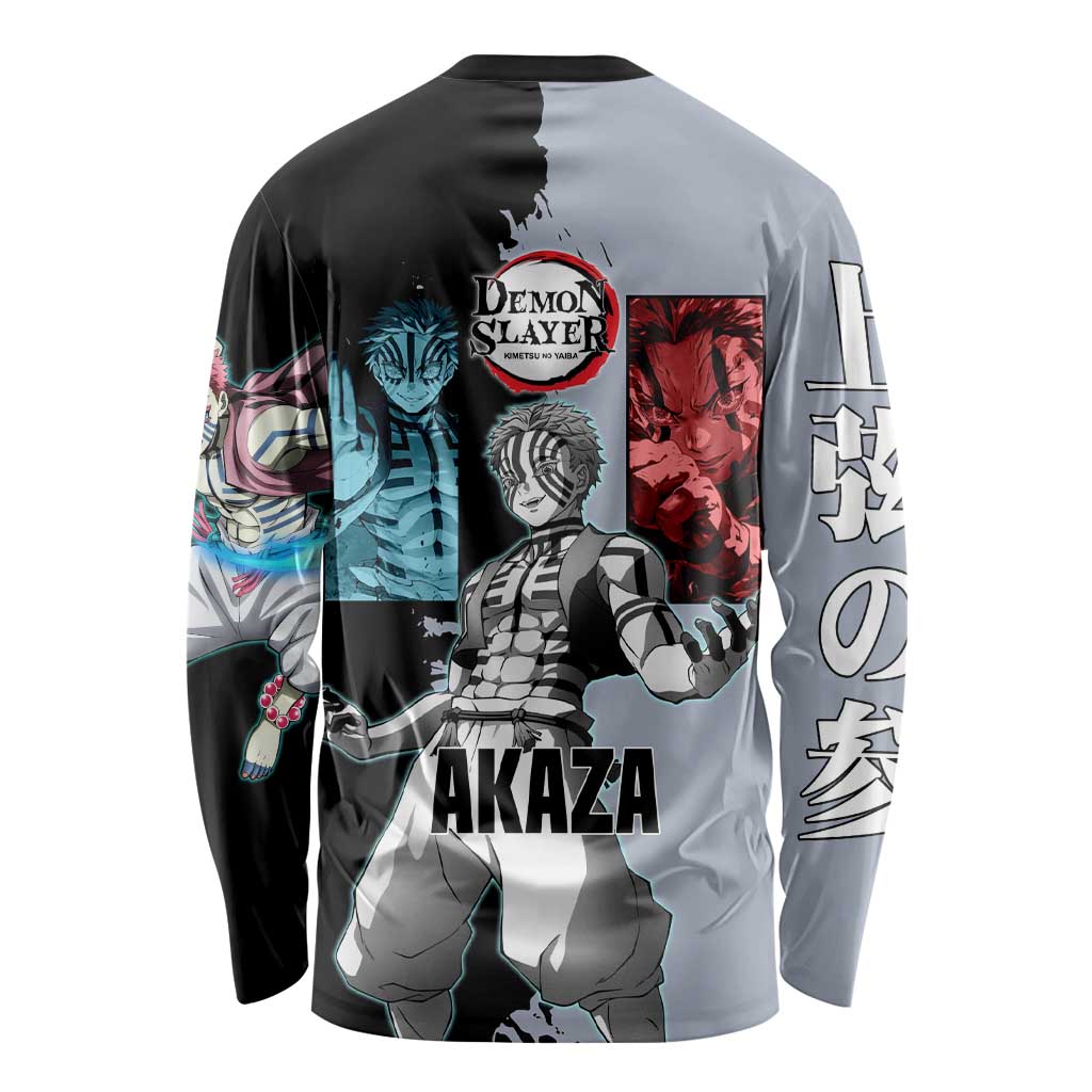 Akaza from Demon Slayer Long Sleeve Shirt with Split Color Background and Martial Arts Pose Manga Style Design - The Mazicc