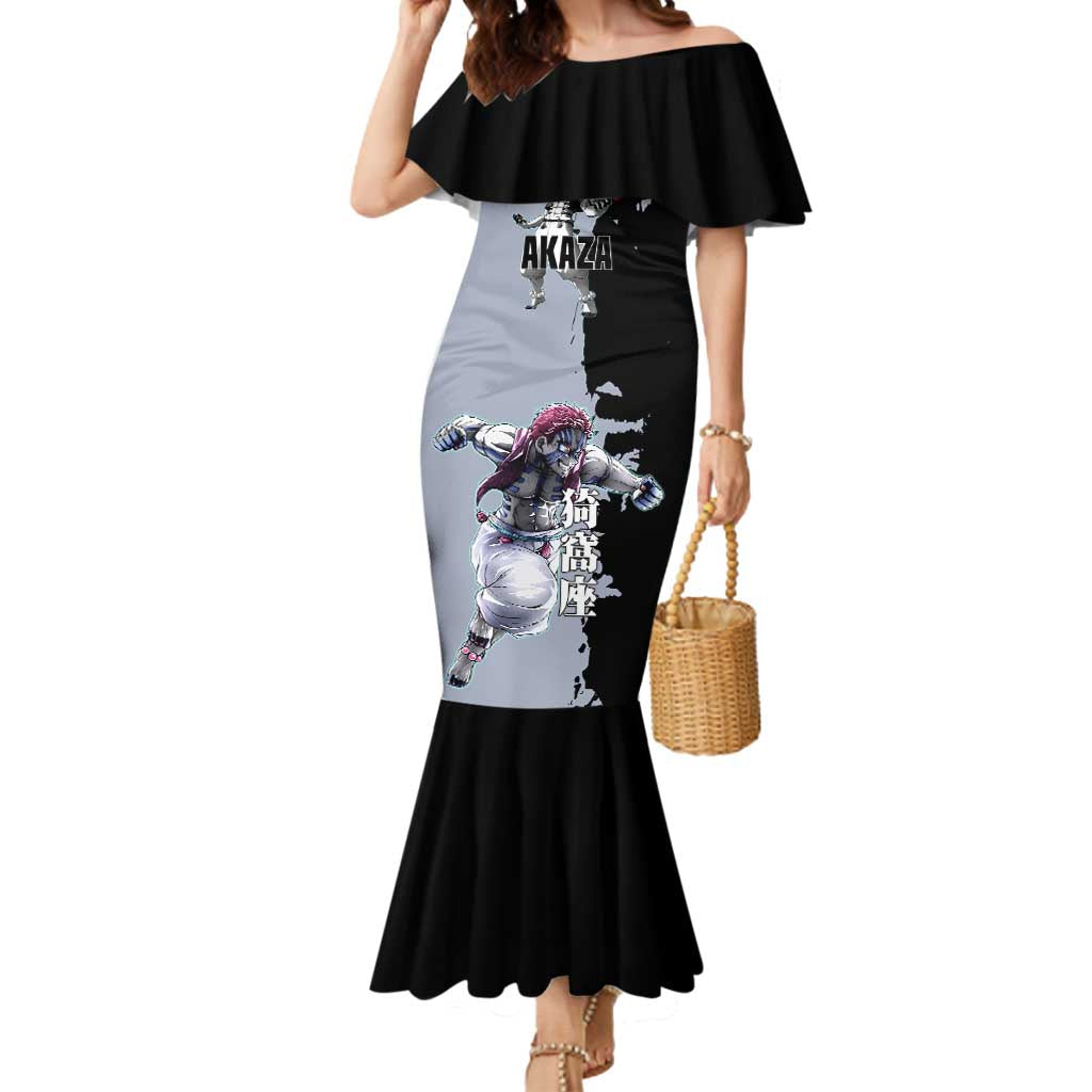 Akaza from Demon Slayer Mermaid Dress with Split Color Background and Martial Arts Pose Manga Style Design - The Mazicc
