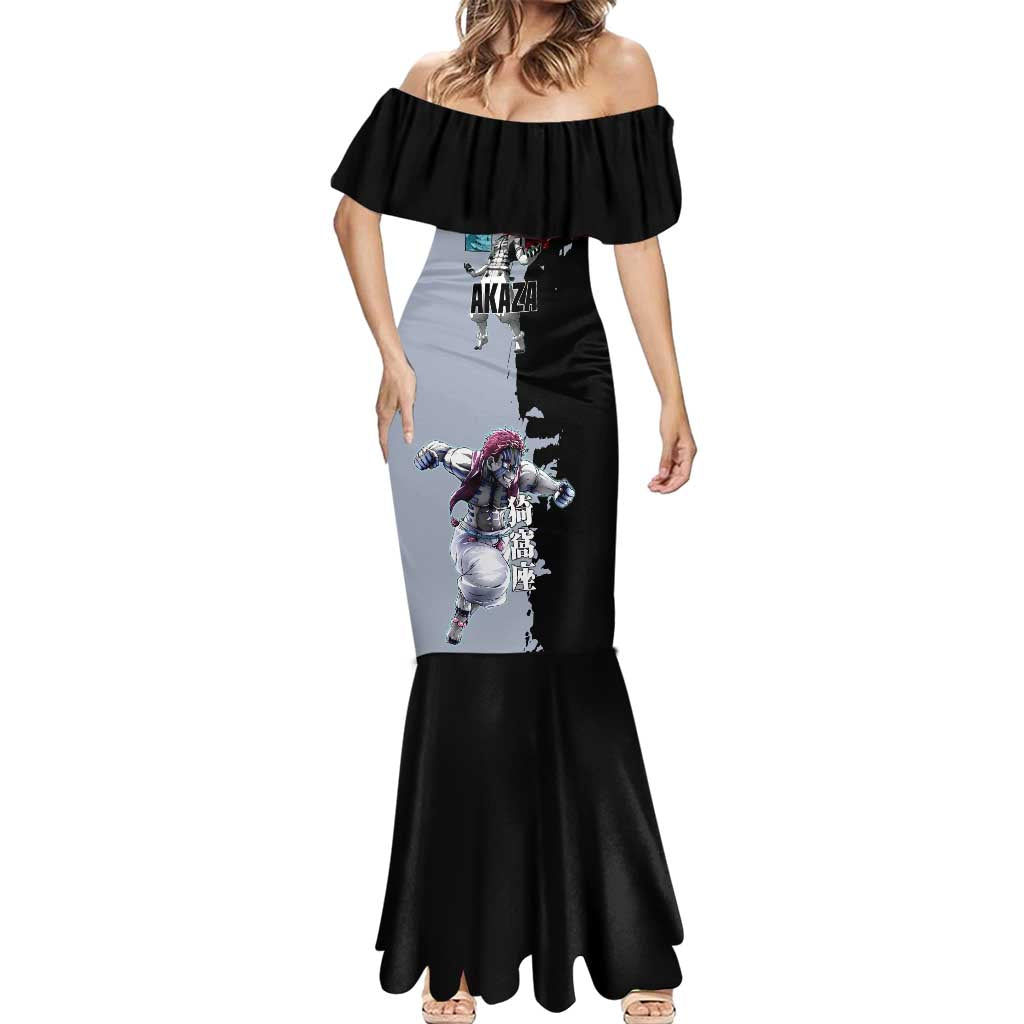 Akaza from Demon Slayer Mermaid Dress with Split Color Background and Martial Arts Pose Manga Style Design - The Mazicc