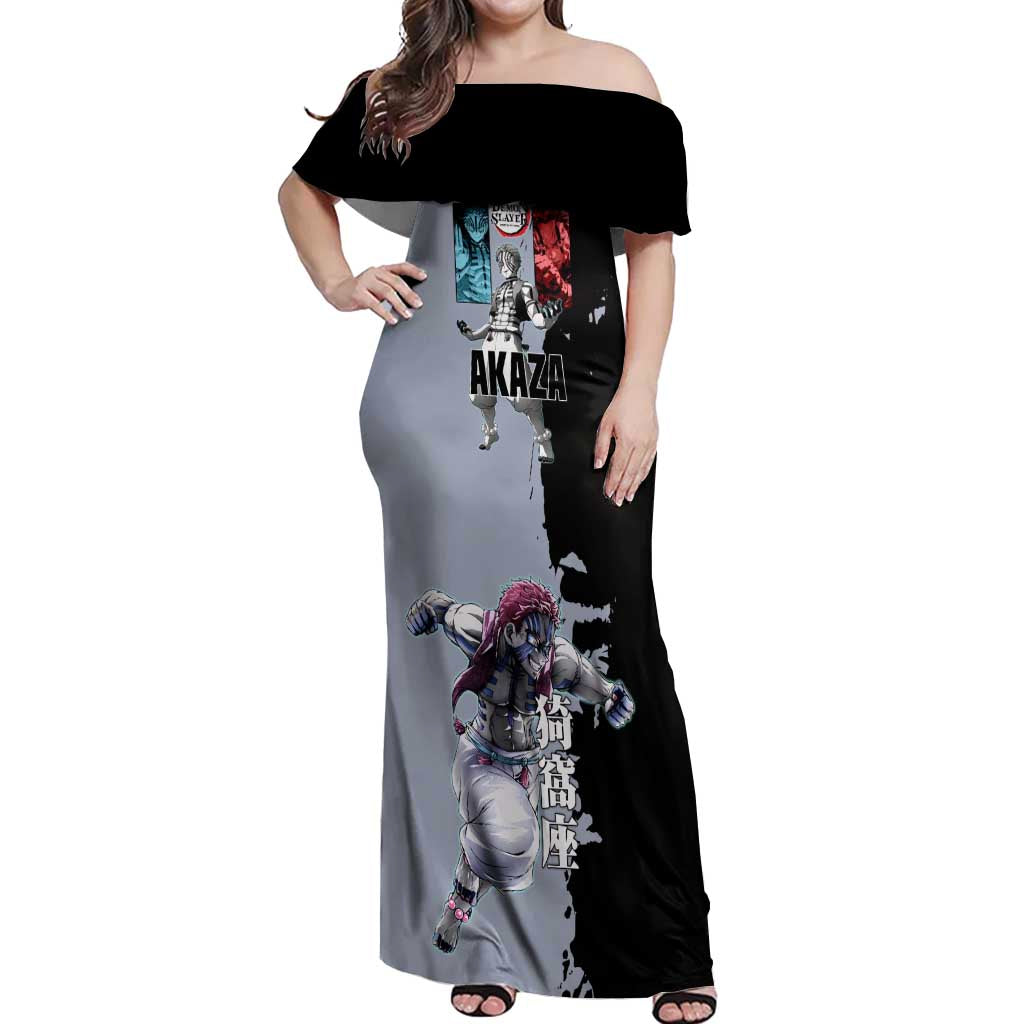 Akaza from Demon Slayer Off Shoulder Maxi Dress with Split Color Background and Martial Arts Pose Manga Style Design - The Mazicc