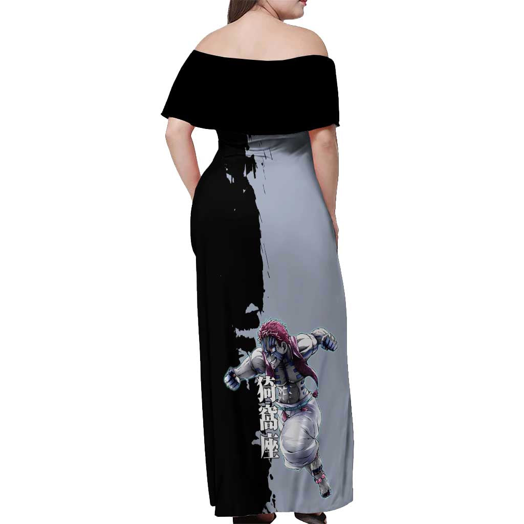 Akaza from Demon Slayer Off Shoulder Maxi Dress with Split Color Background and Martial Arts Pose Manga Style Design - The Mazicc
