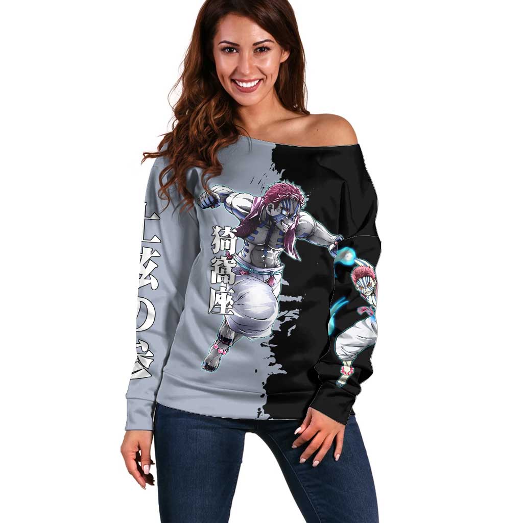 Akaza from Demon Slayer Off Shoulder Sweater with Split Color Background and Martial Arts Pose Manga Style Design - The Mazicc