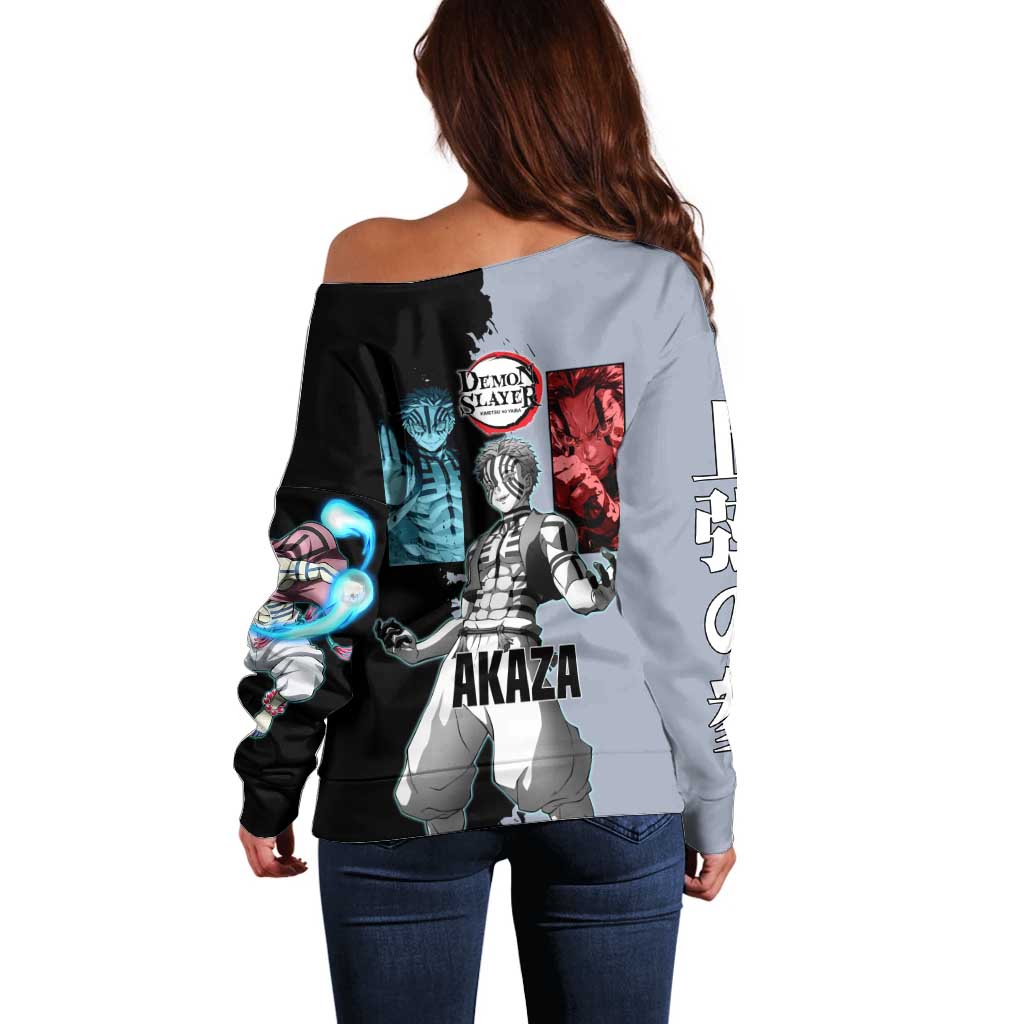 Akaza from Demon Slayer Off Shoulder Sweater with Split Color Background and Martial Arts Pose Manga Style Design - The Mazicc