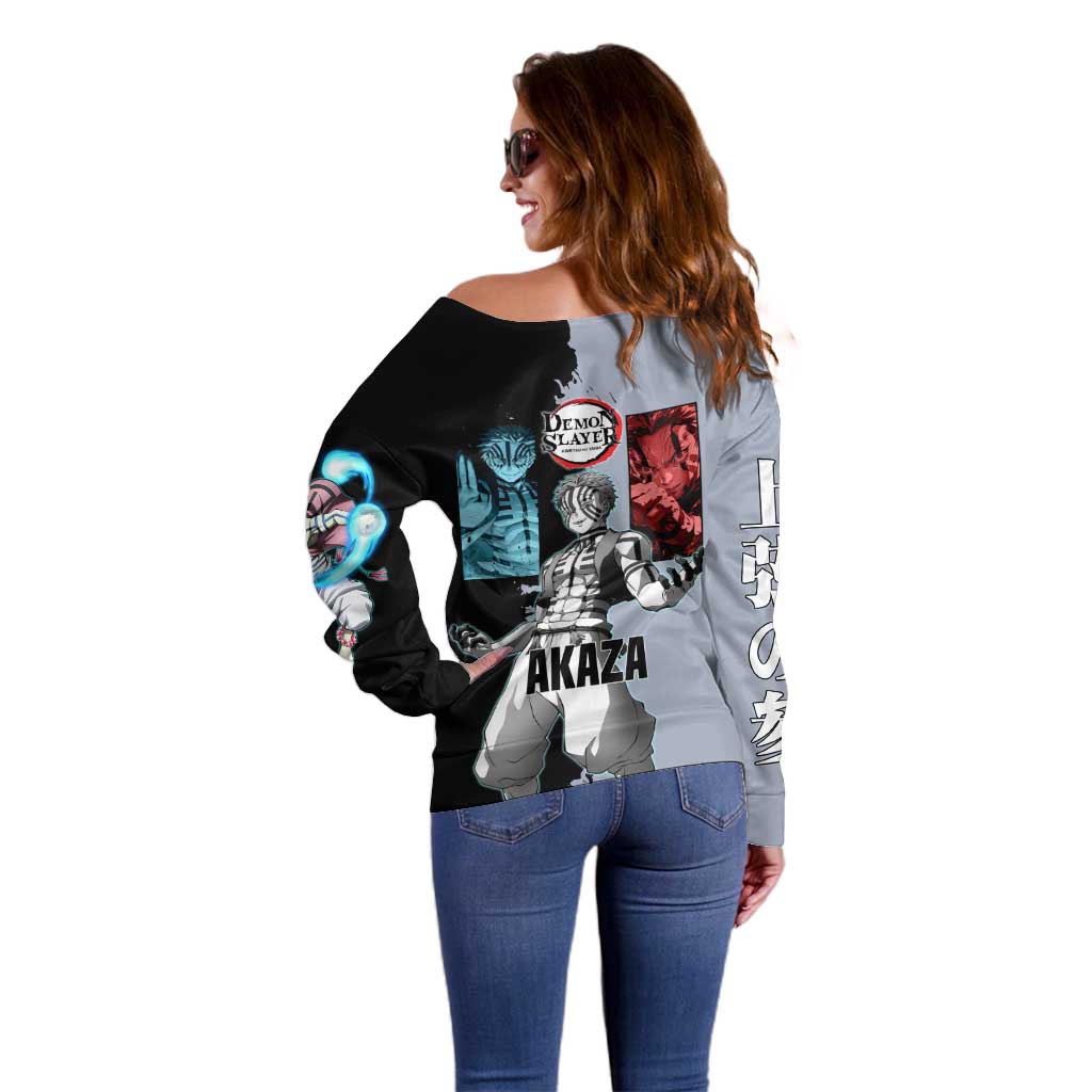 Akaza from Demon Slayer Off Shoulder Sweater with Split Color Background and Martial Arts Pose Manga Style Design - The Mazicc