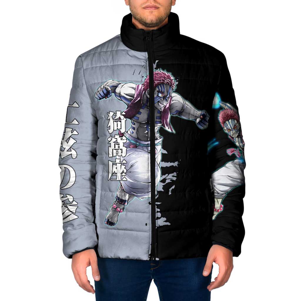 Akaza from Demon Slayer Padded Jacket with Split Color Background and Martial Arts Pose Manga Style Design - The Mazicc
