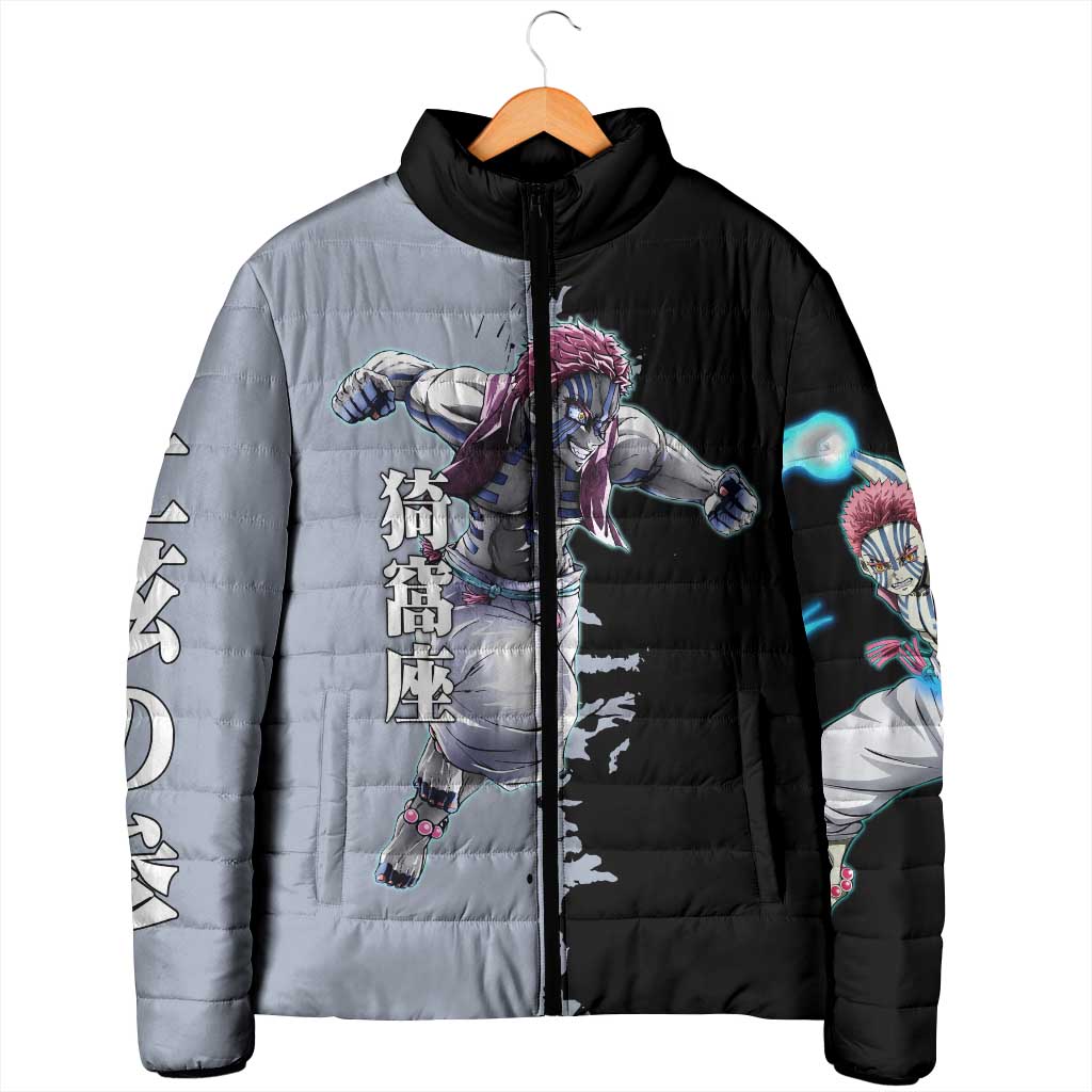 Akaza from Demon Slayer Padded Jacket with Split Color Background and Martial Arts Pose Manga Style Design - The Mazicc
