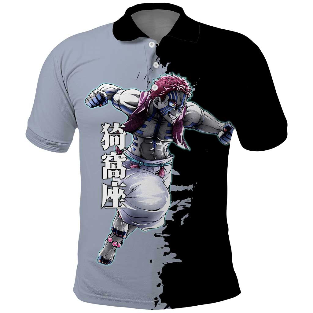 Akaza from Demon Slayer Polo Shirt with Split Color Background and Martial Arts Pose Manga Style Design - The Mazicc