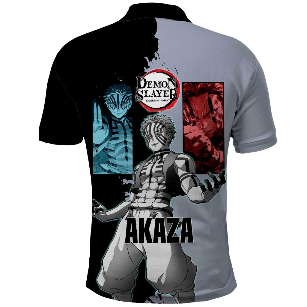Akaza from Demon Slayer Polo Shirt with Split Color Background and Martial Arts Pose Manga Style Design - The Mazicc