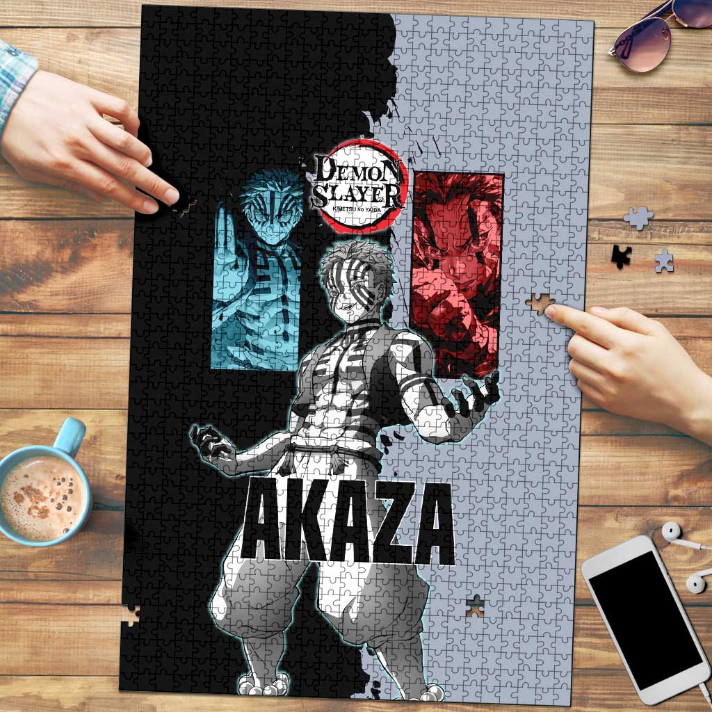 Akaza from Demon Slayer Puzzle with Split Color Background and Martial Arts Pose Manga Style Design - The Mazicc