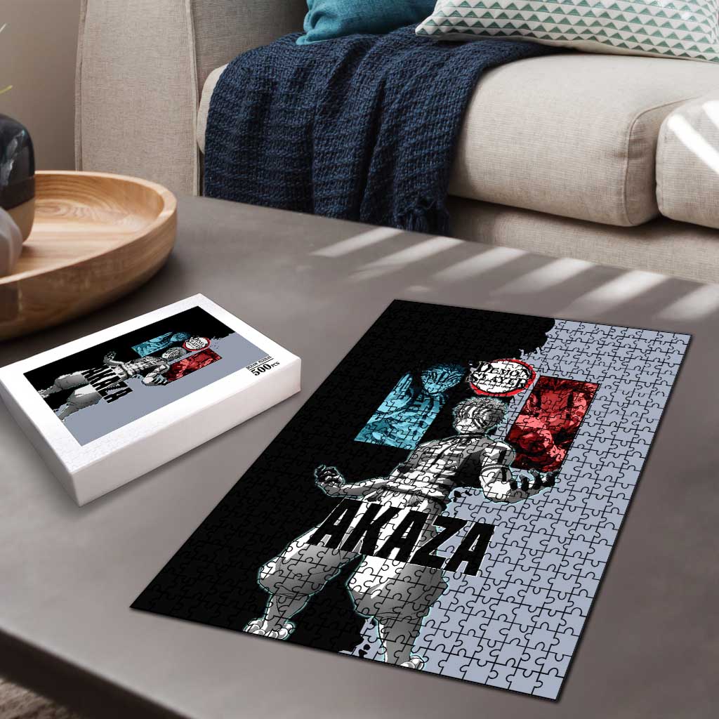 Akaza from Demon Slayer Puzzle with Split Color Background and Martial Arts Pose Manga Style Design - The Mazicc