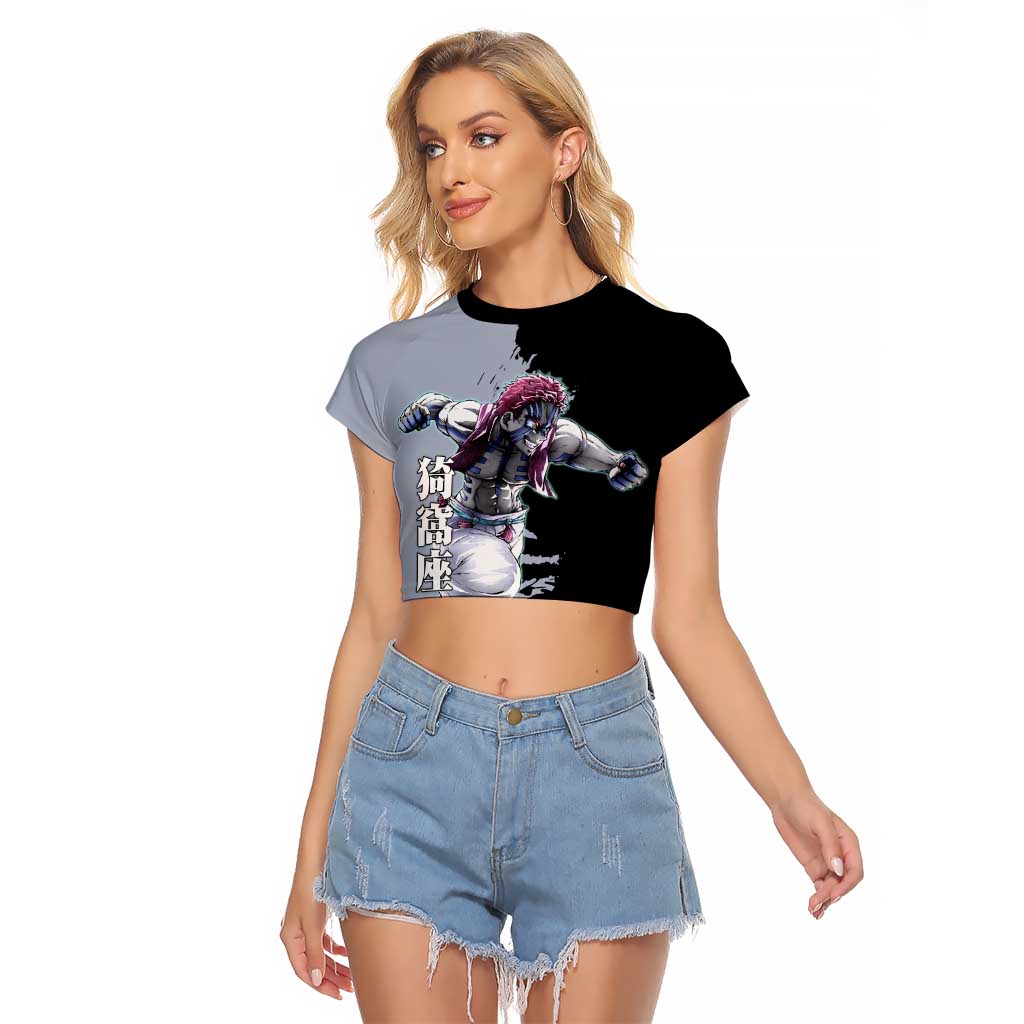 Akaza from Demon Slayer Raglan Cropped T Shirt with Split Color Background and Martial Arts Pose Manga Style Design - The Mazicc