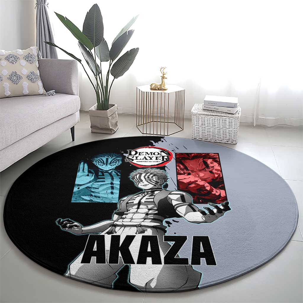 Akaza from Demon Slayer Round Carpet with Split Color Background and Martial Arts Pose Manga Style Design - The Mazicc