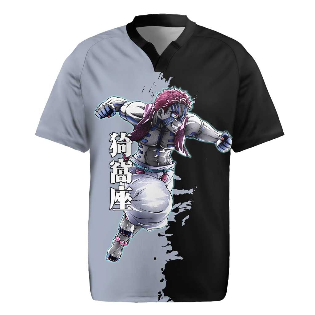 Akaza from Demon Slayer Rugby Jersey with Split Color Background and Martial Arts Pose Manga Style Design - The Mazicc