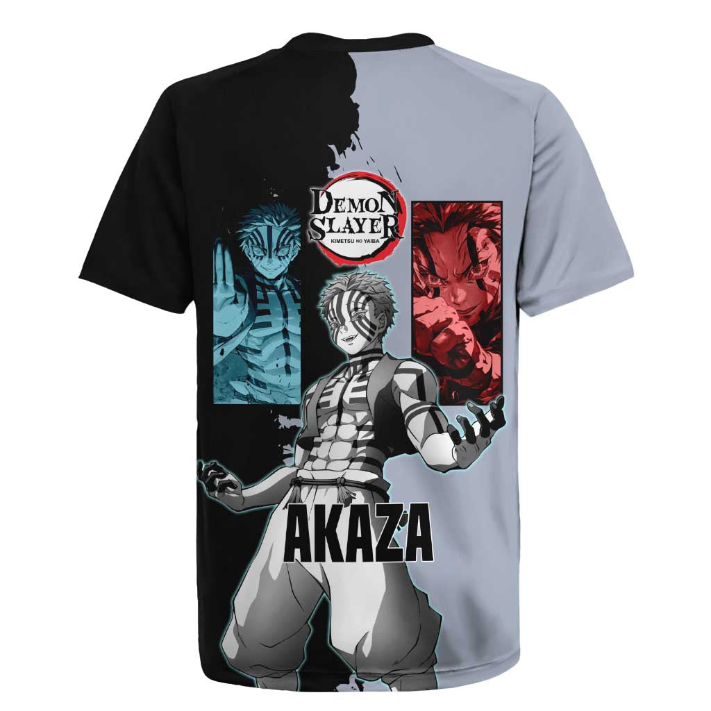 Akaza from Demon Slayer Rugby Jersey with Split Color Background and Martial Arts Pose Manga Style Design - The Mazicc