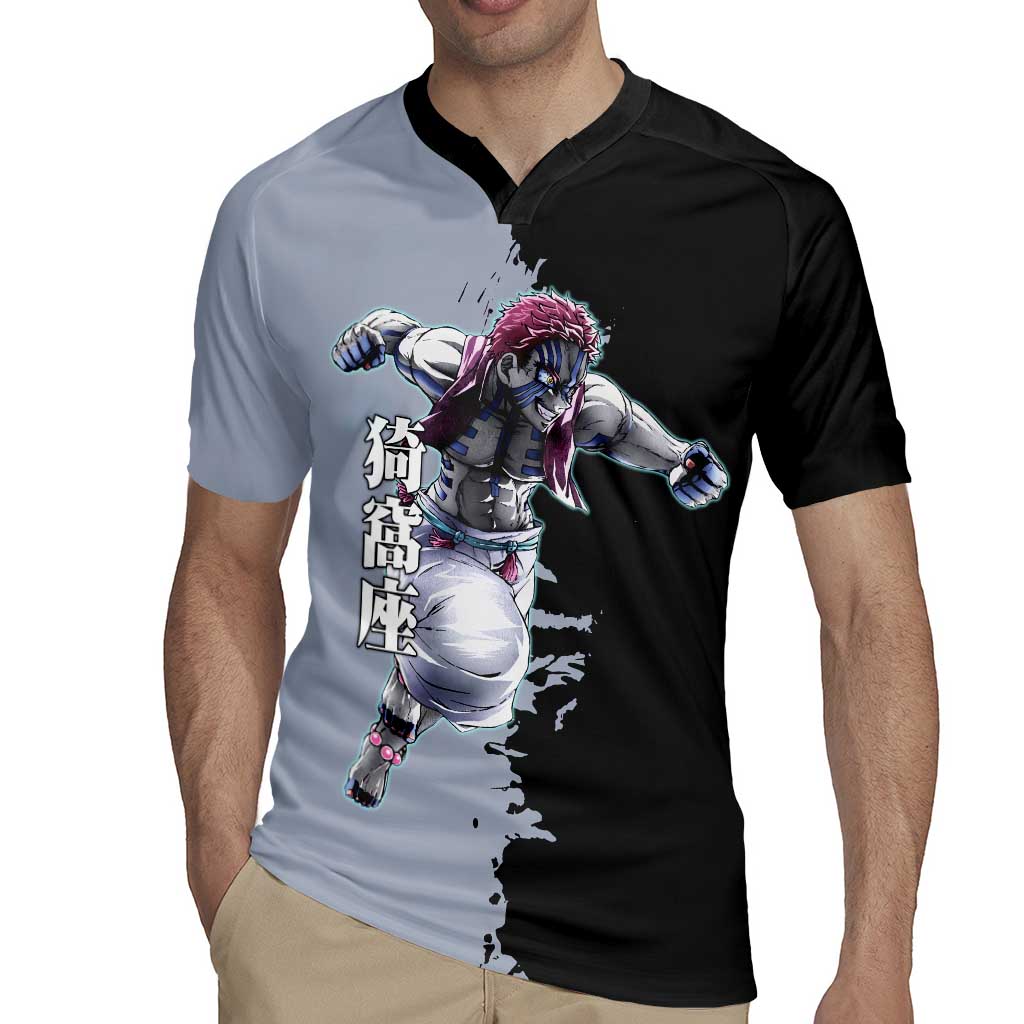 Akaza from Demon Slayer Rugby Jersey with Split Color Background and Martial Arts Pose Manga Style Design - The Mazicc