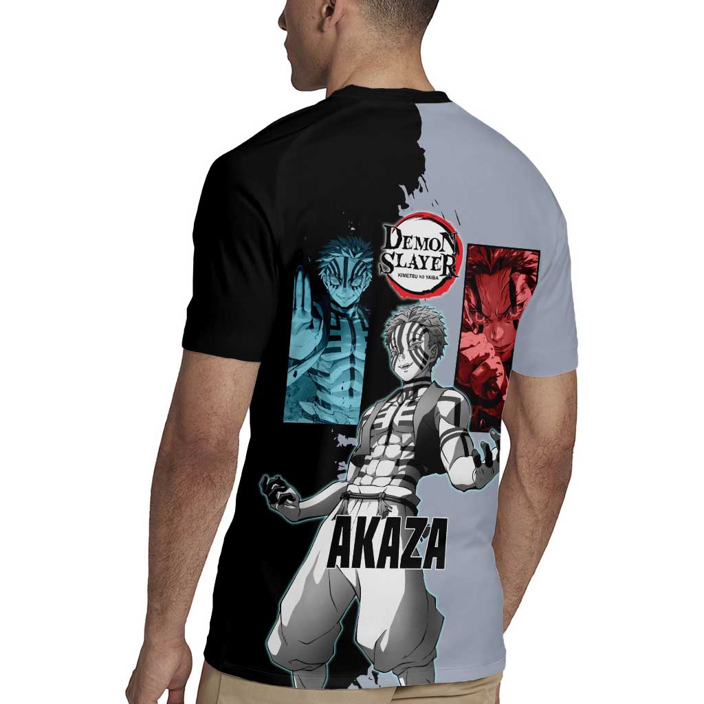 Akaza from Demon Slayer Rugby Jersey with Split Color Background and Martial Arts Pose Manga Style Design - The Mazicc