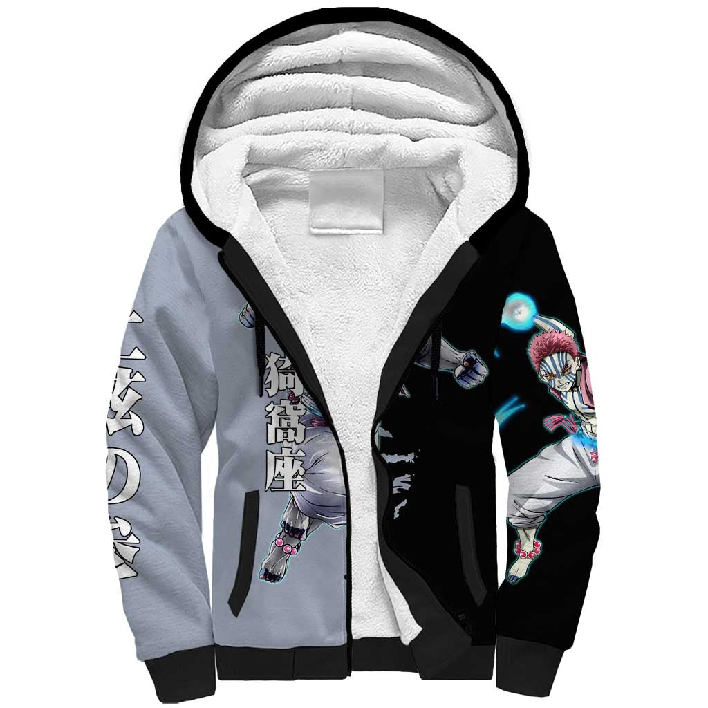 Akaza from Demon Slayer Sherpa Hoodie with Split Color Background and Martial Arts Pose Manga Style Design - The Mazicc