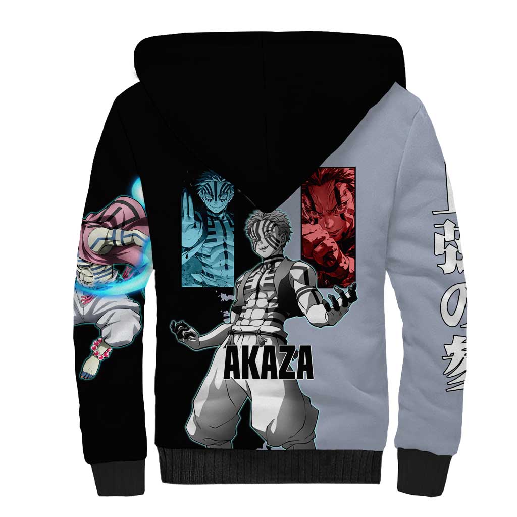 Akaza from Demon Slayer Sherpa Hoodie with Split Color Background and Martial Arts Pose Manga Style Design - The Mazicc