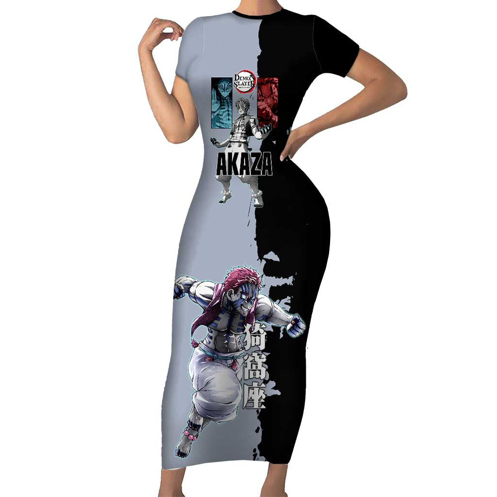 Akaza from Demon Slayer Short Sleeve Bodycon Dress with Split Color Background and Martial Arts Pose Manga Style Design - The Mazicc