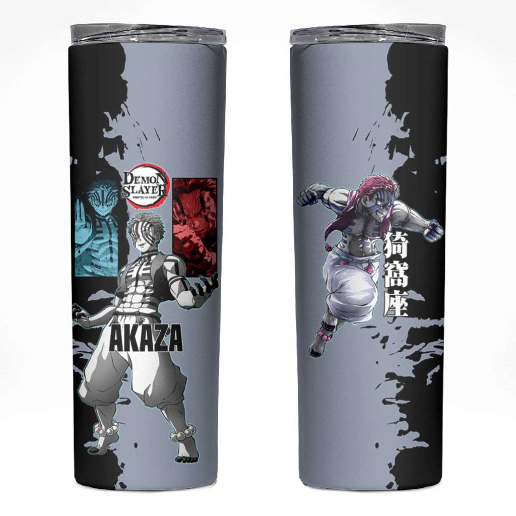 Akaza from Demon Slayer Skinny Tumbler with Split Color Background and Martial Arts Pose Manga Style Design - The Mazicc