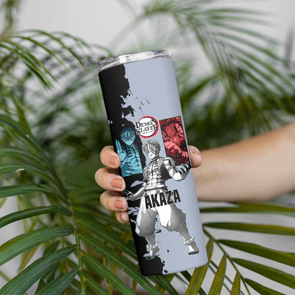 Akaza from Demon Slayer Skinny Tumbler with Split Color Background and Martial Arts Pose Manga Style Design - The Mazicc