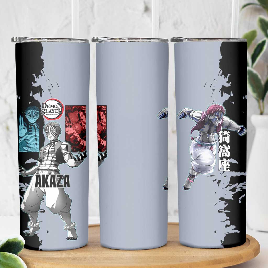 Akaza from Demon Slayer Skinny Tumbler with Split Color Background and Martial Arts Pose Manga Style Design - The Mazicc