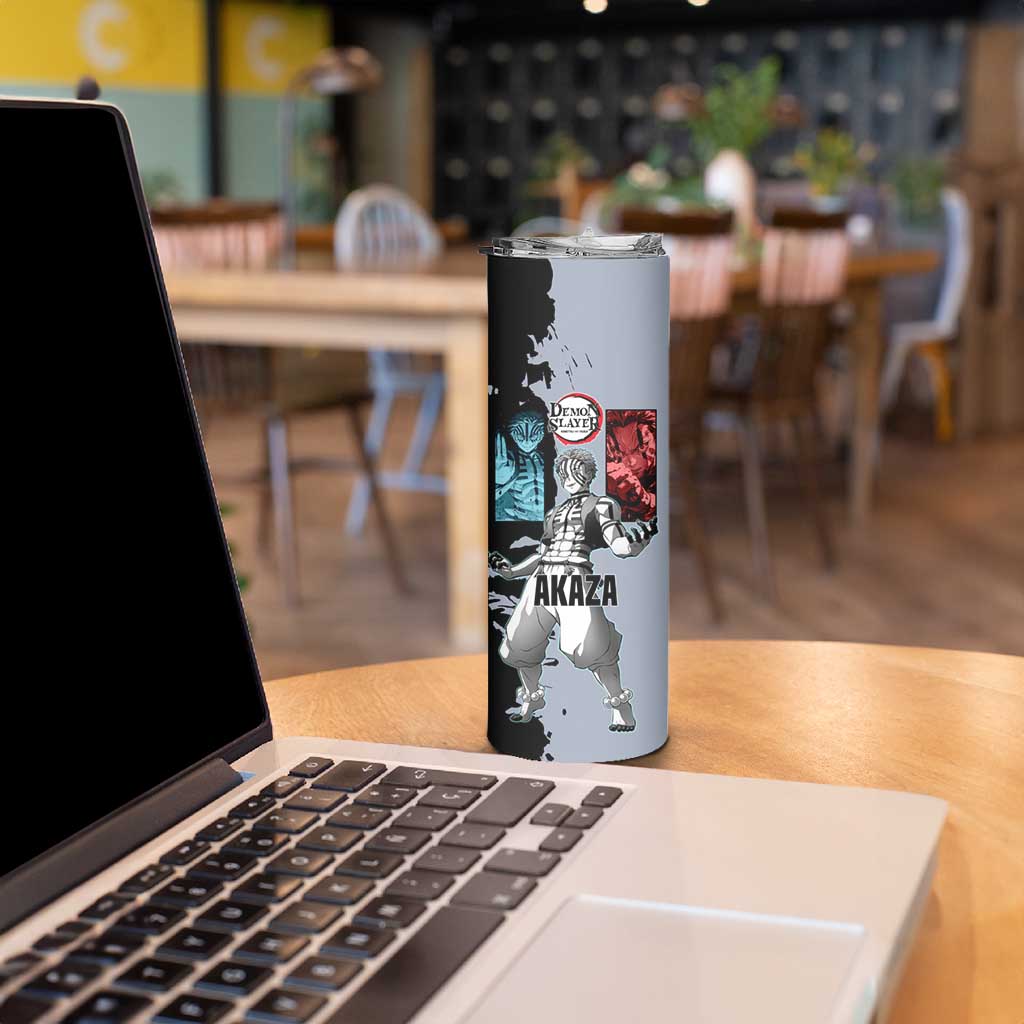 Akaza from Demon Slayer Skinny Tumbler with Split Color Background and Martial Arts Pose Manga Style Design - The Mazicc