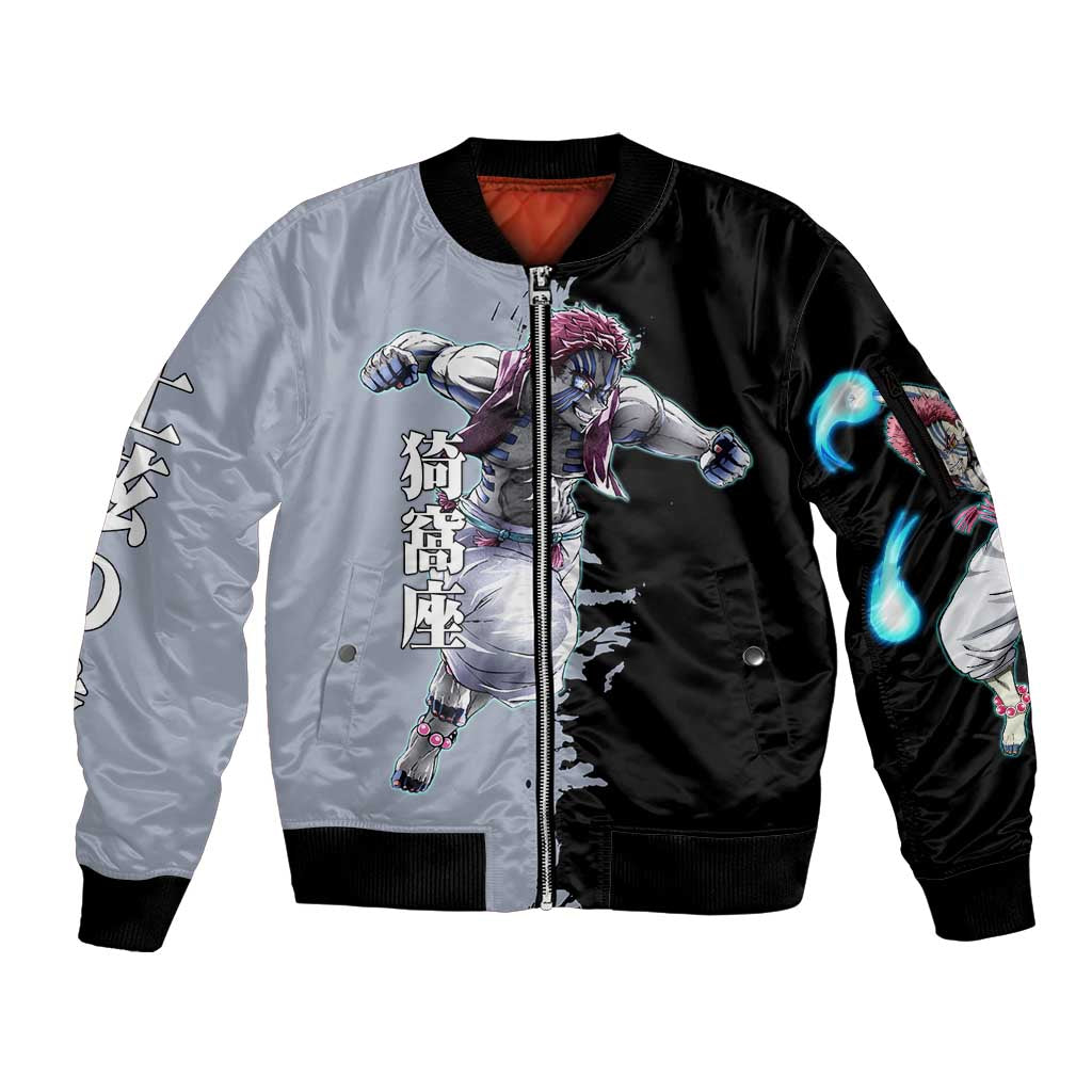Akaza from Demon Slayer Sleeve Zip Bomber Jacket with Split Color Background and Martial Arts Pose Manga Style Design - The Mazicc
