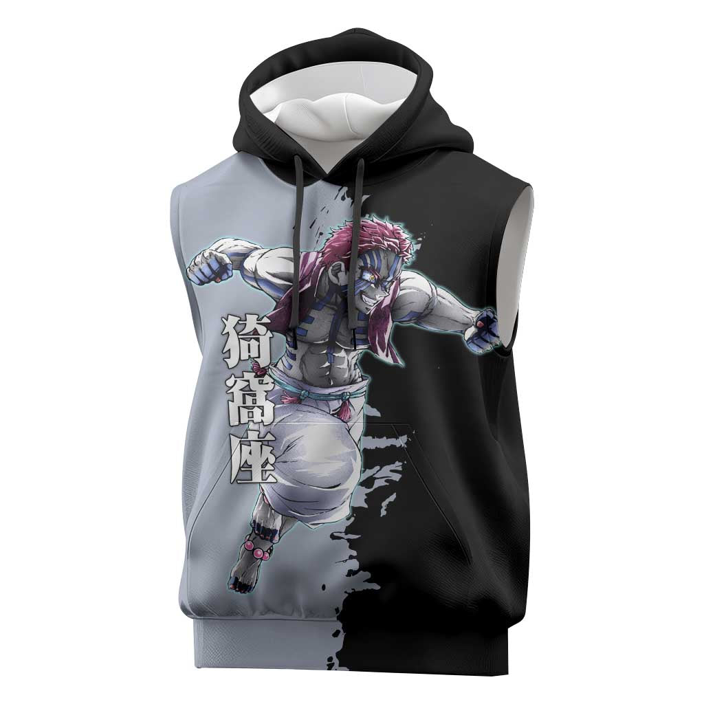 Akaza from Demon Slayer Sleeveless Hoodie with Split Color Background and Martial Arts Pose Manga Style Design - The Mazicc