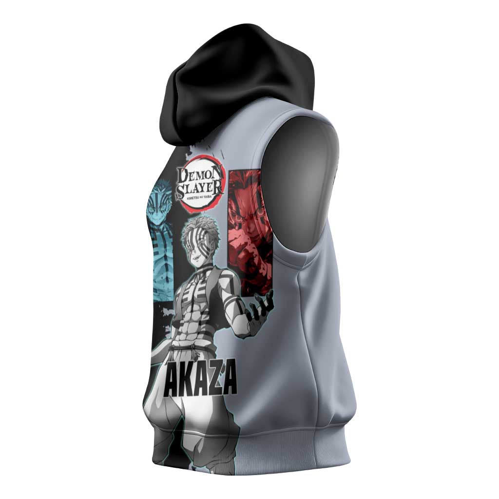Akaza from Demon Slayer Sleeveless Hoodie with Split Color Background and Martial Arts Pose Manga Style Design - The Mazicc
