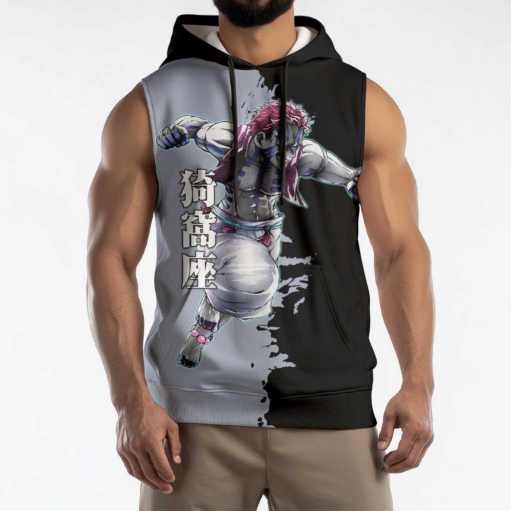 Akaza from Demon Slayer Sleeveless Hoodie with Split Color Background and Martial Arts Pose Manga Style Design - The Mazicc