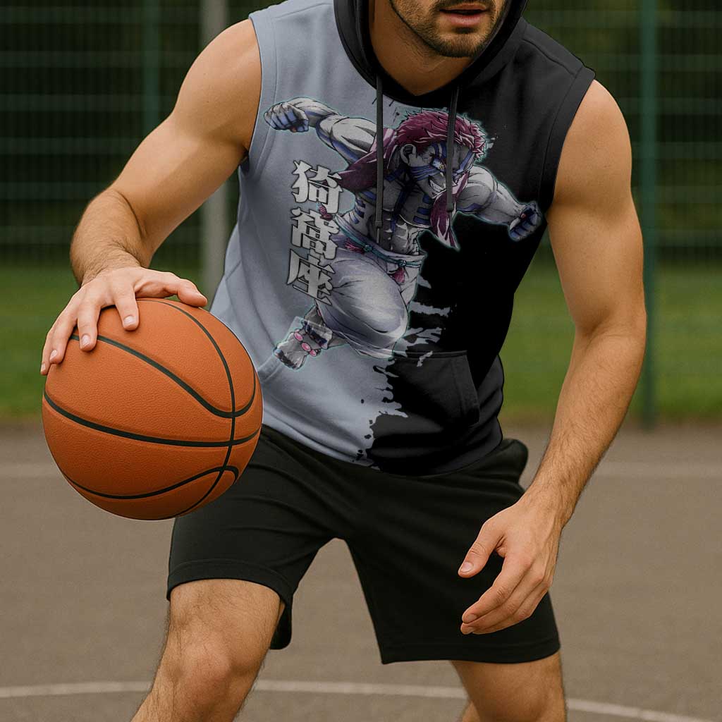 Akaza from Demon Slayer Sleeveless Hoodie with Split Color Background and Martial Arts Pose Manga Style Design - The Mazicc