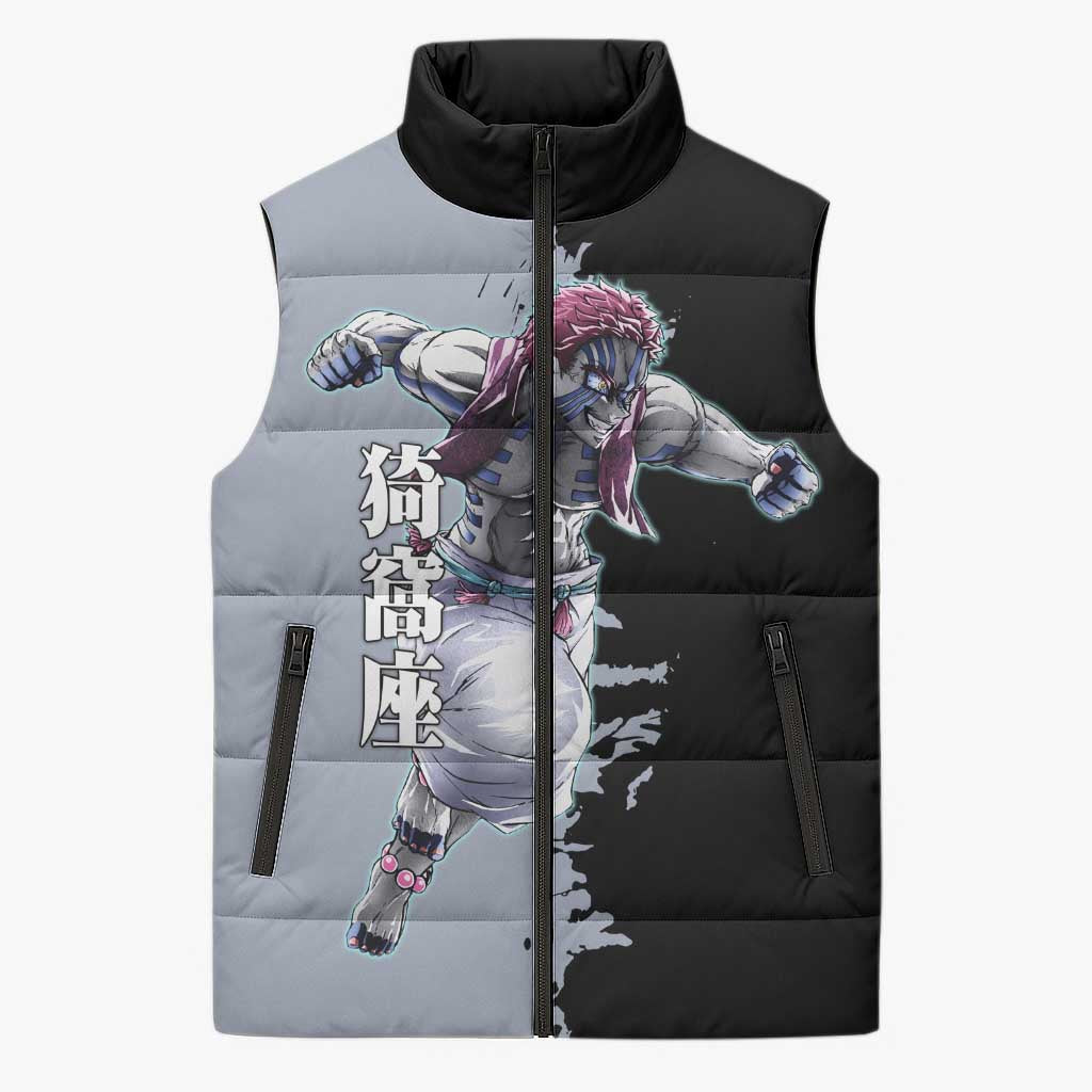 Akaza from Demon Slayer Sleeveless Puffer Jacket with Split Color Background and Martial Arts Pose Manga Style Design - The Mazicc