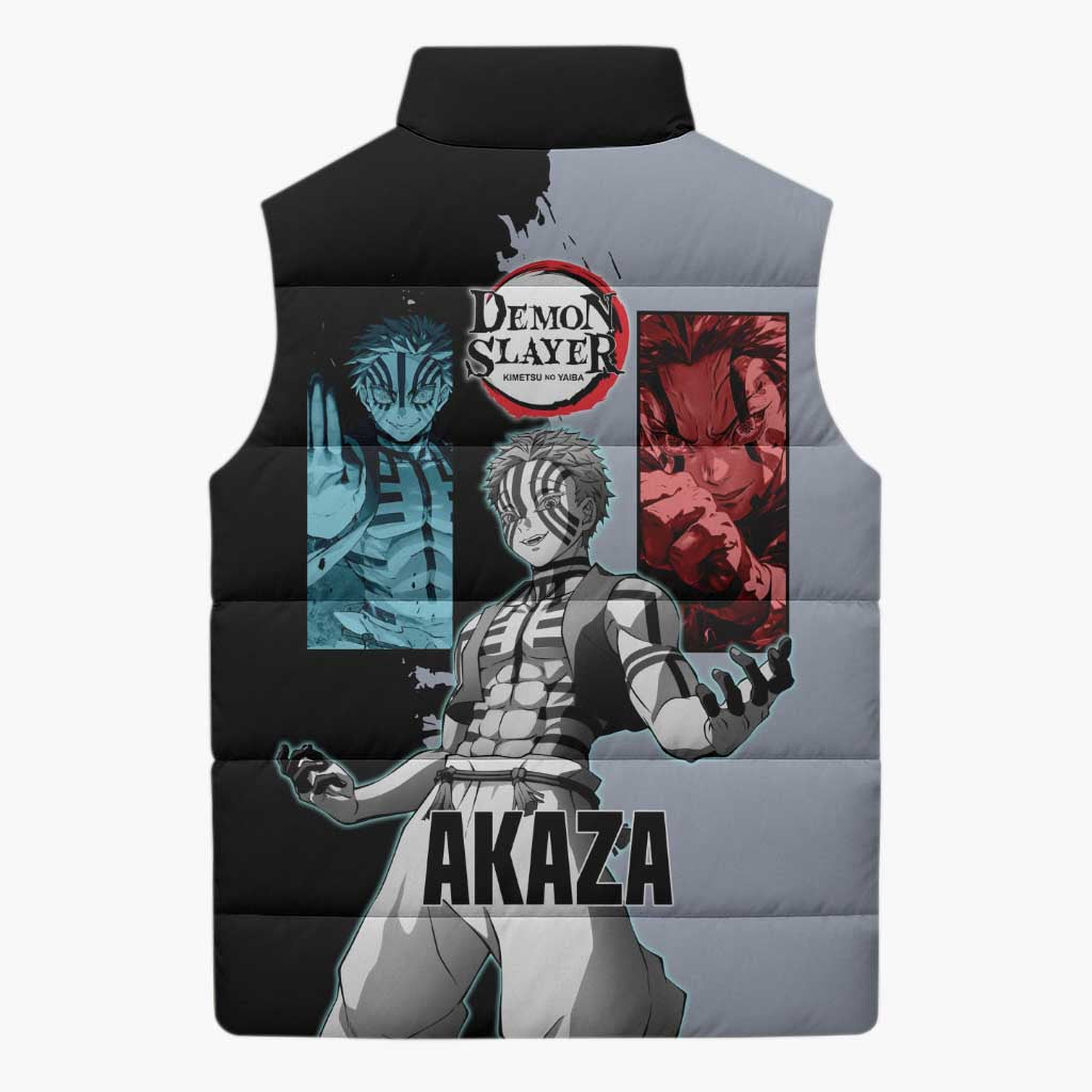 Akaza from Demon Slayer Sleeveless Puffer Jacket with Split Color Background and Martial Arts Pose Manga Style Design - The Mazicc
