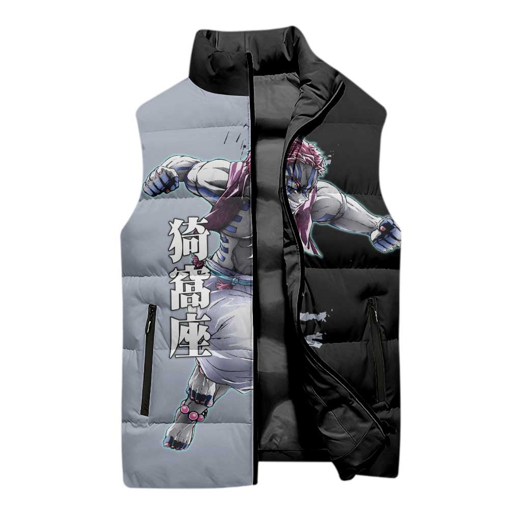 Akaza from Demon Slayer Sleeveless Puffer Jacket with Split Color Background and Martial Arts Pose Manga Style Design - The Mazicc