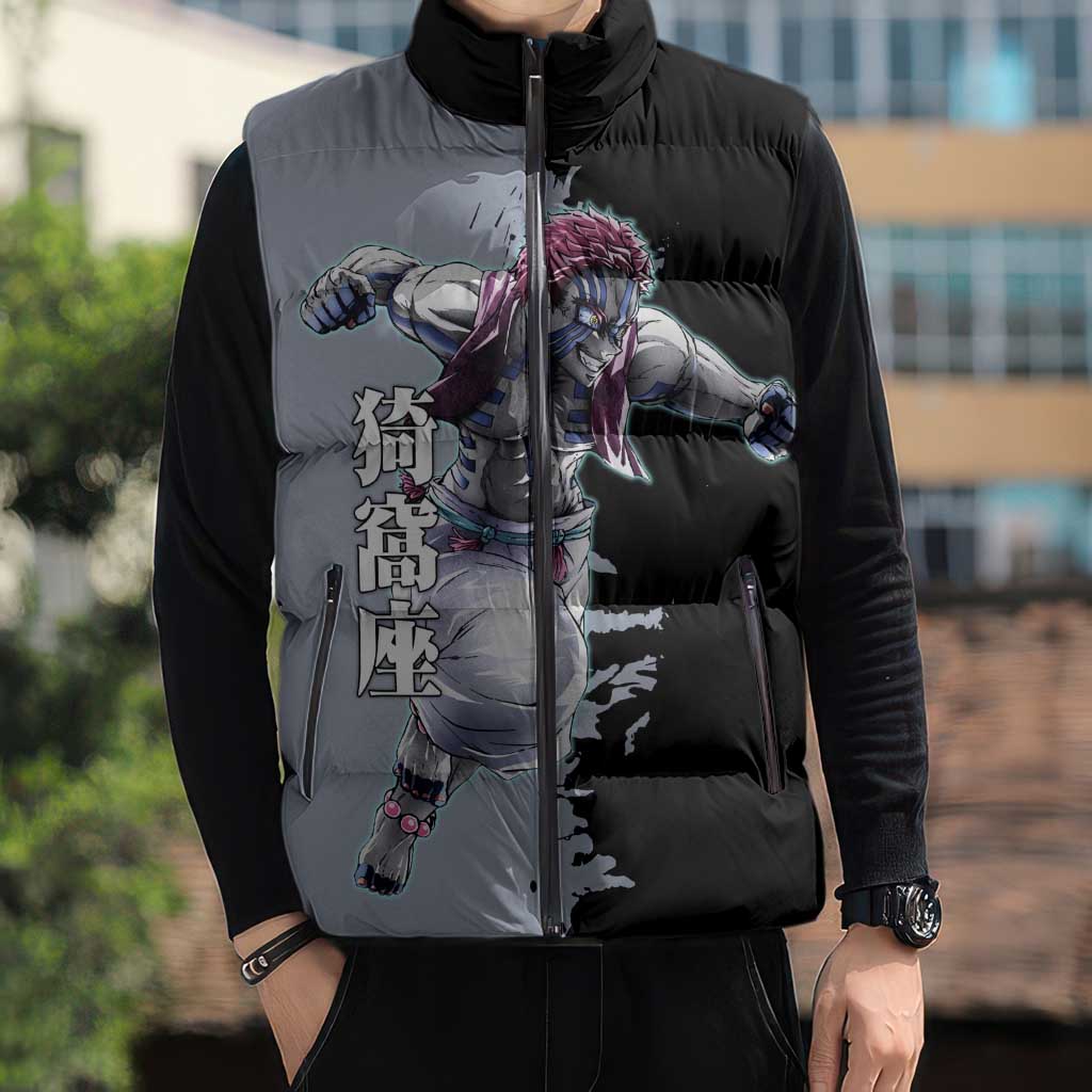 Akaza from Demon Slayer Sleeveless Puffer Jacket with Split Color Background and Martial Arts Pose Manga Style Design - The Mazicc