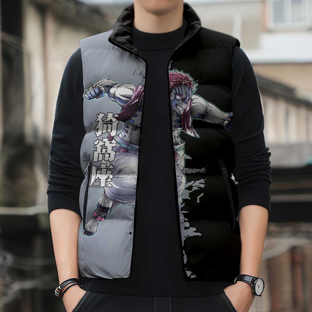 Akaza from Demon Slayer Sleeveless Puffer Jacket with Split Color Background and Martial Arts Pose Manga Style Design - The Mazicc