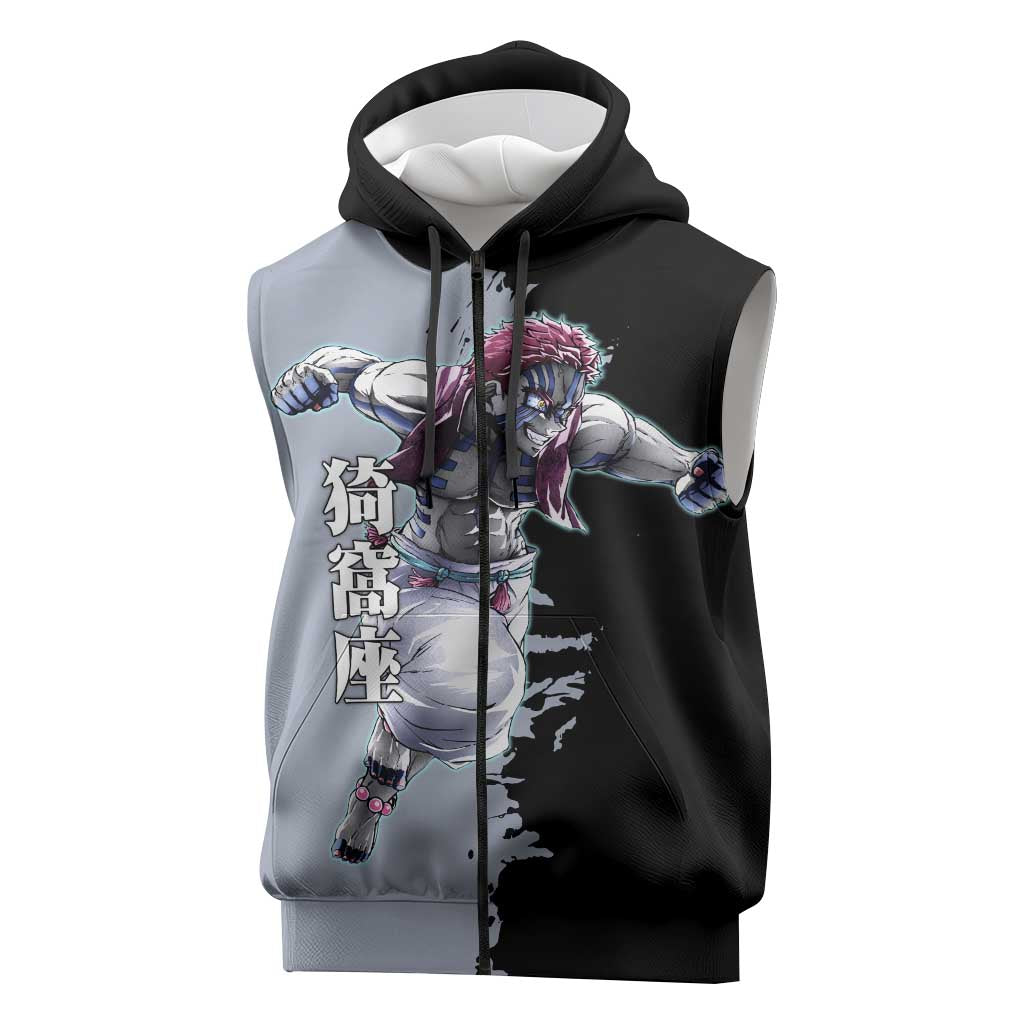 Akaza from Demon Slayer Sleeveless Zip Hoodie with Split Color Background and Martial Arts Pose Manga Style Design - The Mazicc