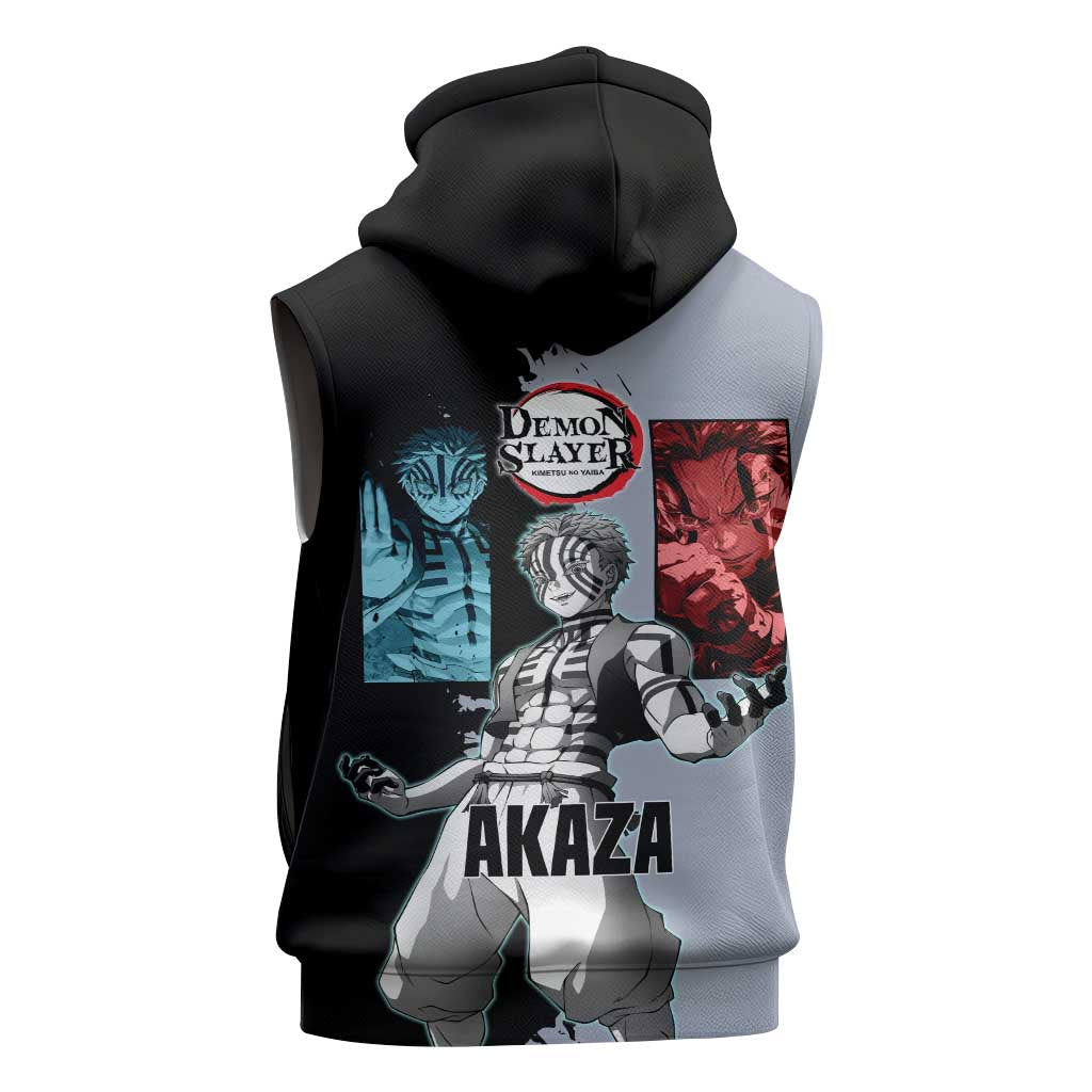 Akaza from Demon Slayer Sleeveless Zip Hoodie with Split Color Background and Martial Arts Pose Manga Style Design - The Mazicc