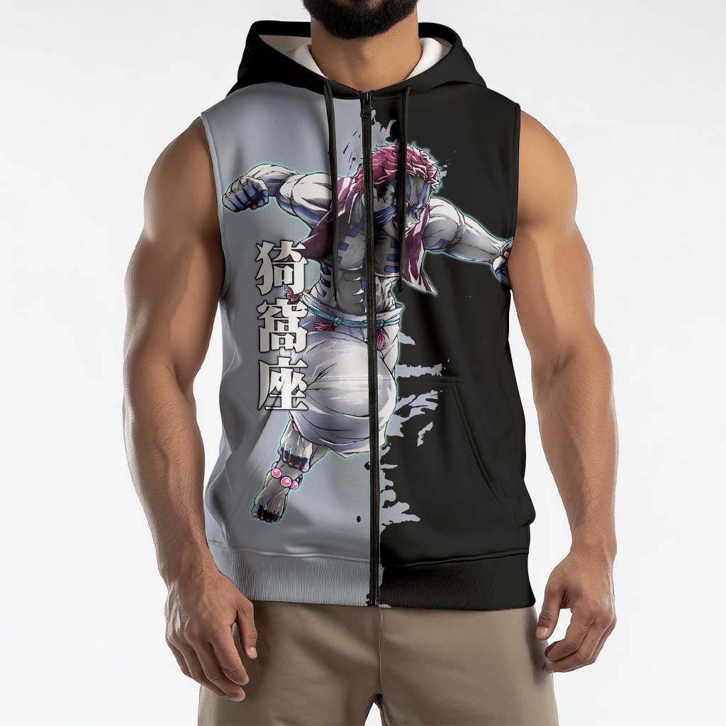Akaza from Demon Slayer Sleeveless Zip Hoodie with Split Color Background and Martial Arts Pose Manga Style Design - The Mazicc